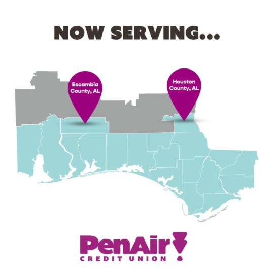 Field of Membership map showing all 19 counties serviced by PenAir Credit Union. Highlighted is Escambia and Houston County in Alabama. 