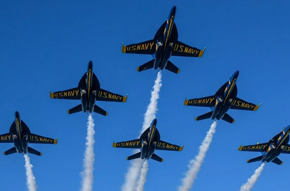 Blue Angels jets in delta formation