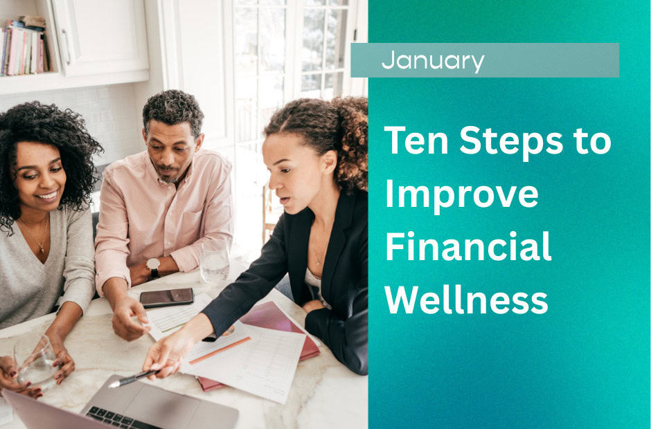 Three people sitting around table discussing finances
