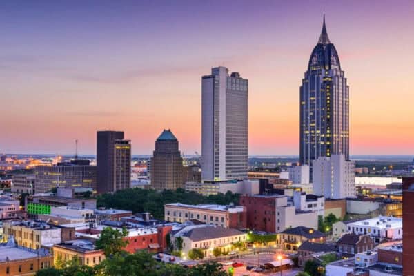View of Mobile, AL skyline at evening time