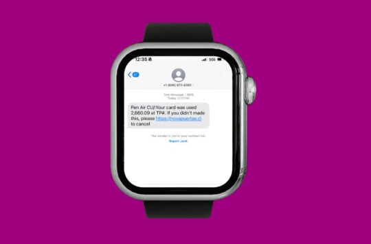 Text scam message on the face of an Apple watch