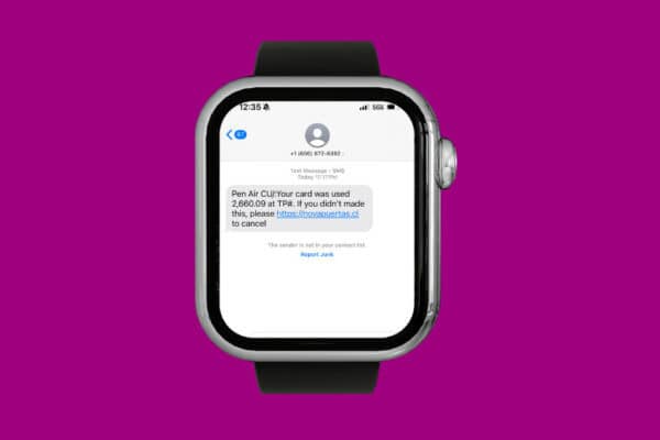 Text scam message on the face of an Apple watch