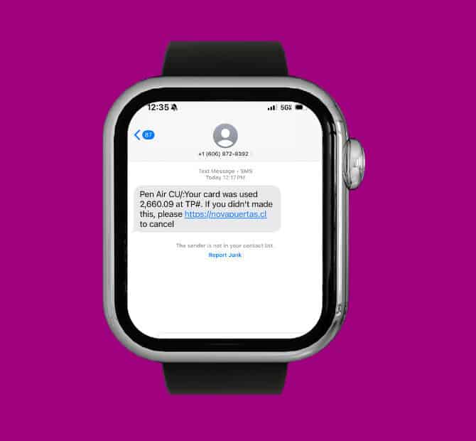Text scam message on the face of an Apple watch